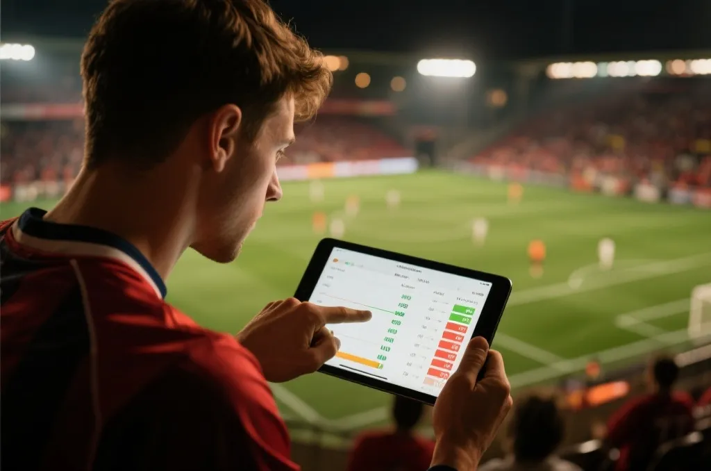 A user analyzing sports data on a tablet with a live soccer game on screen in the background