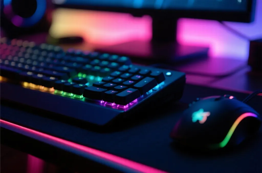 A close-up shot of a modern gaming setup, focusing on a glowing mechanical keyboard and RGB mouse on a dark desk, soft colorful ambient lighting, macro photography